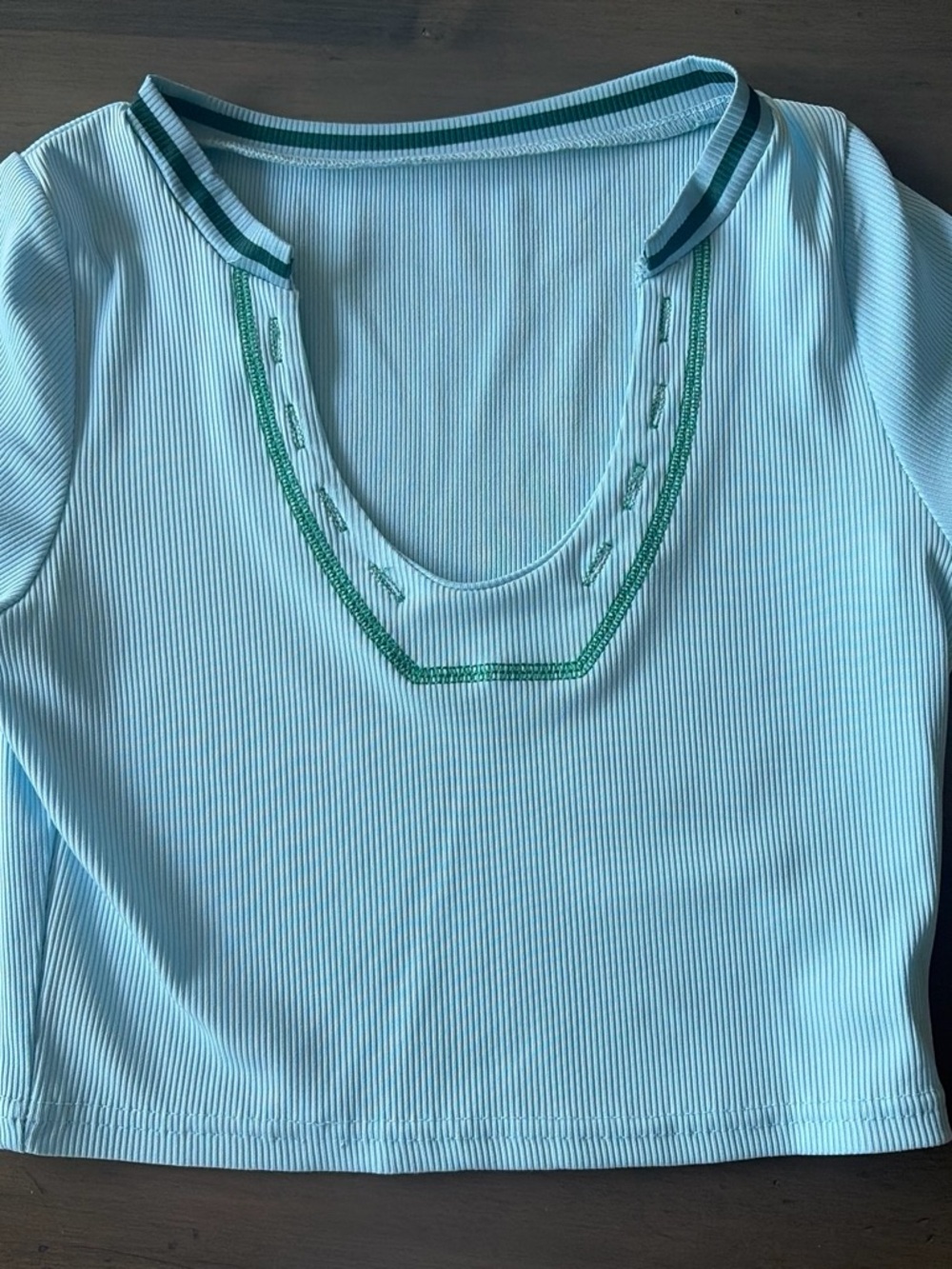 Light Blue Women's Scoop Neck Top with Green Trim
